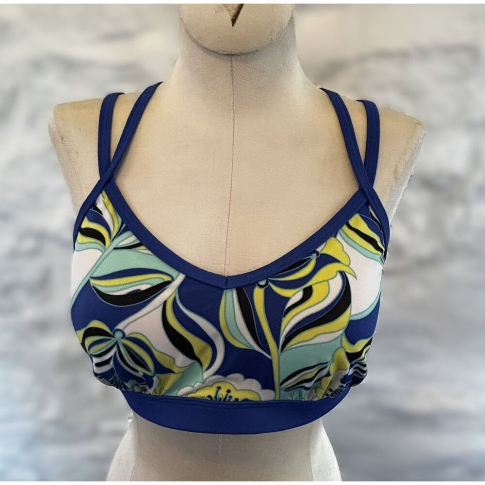 Lands’ End Strappy Back Bikini Top Blue Multi Floral Athletic‎ Swim Tugless